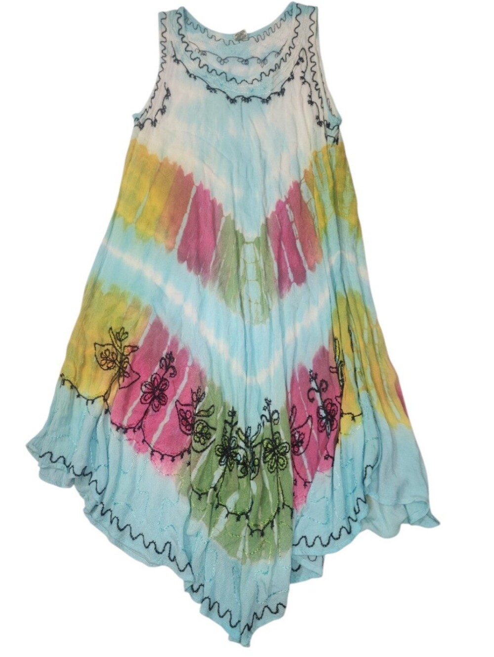 Sleeveless Tie-Dye Swing Dress with Embroidered Trim - Blue & Pink.